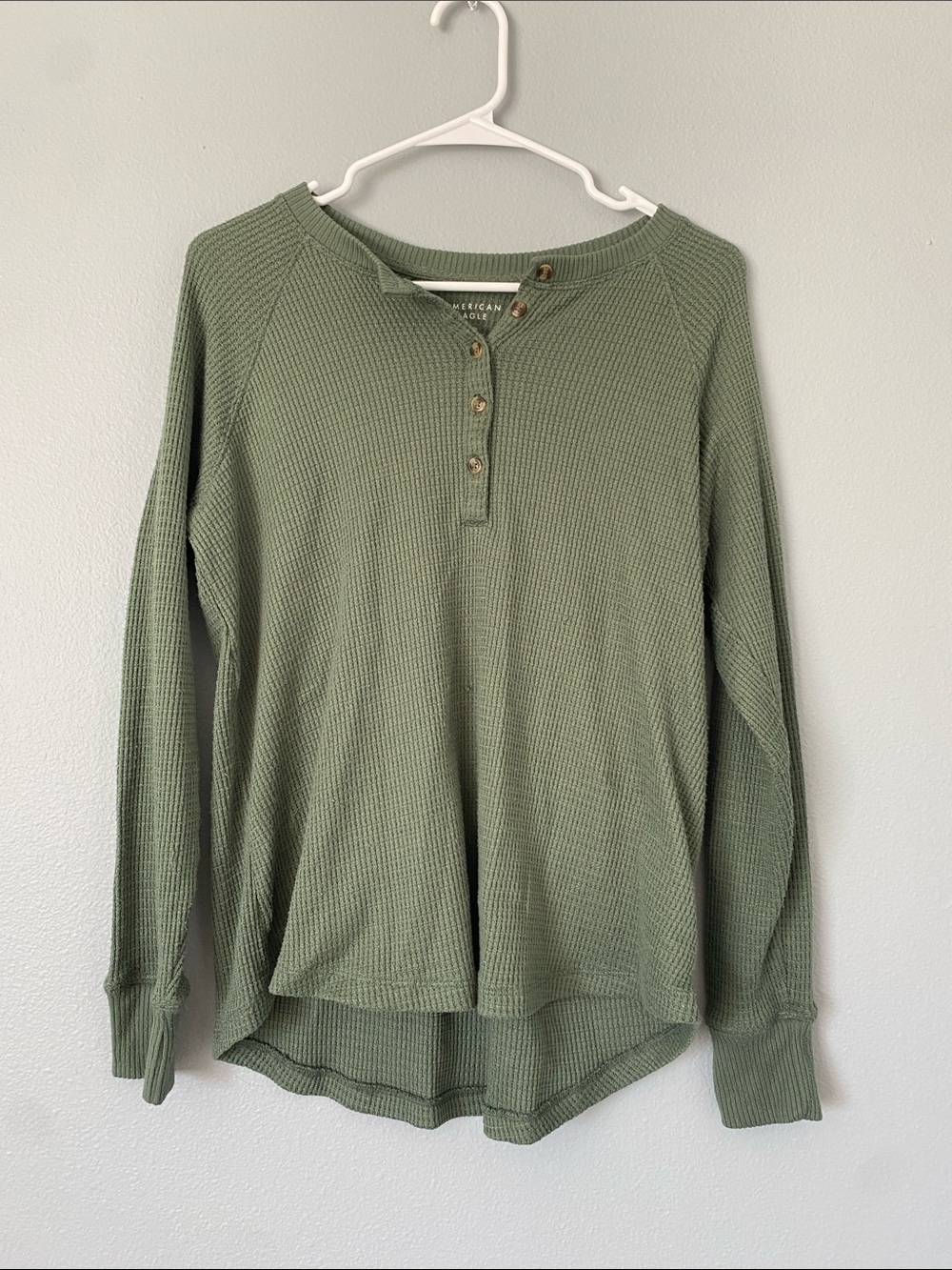 American Eagle Outfitters Olive Green Waffle Henley Long Sleeve Top